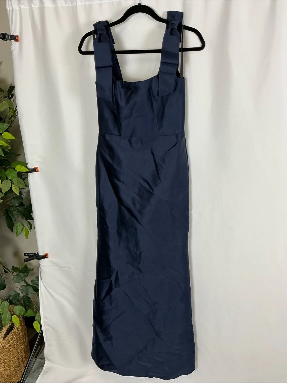 ALFRED SUNG Navy Satin Maxi Dress with Shoulder Bow Straps - Picture 2 of 7